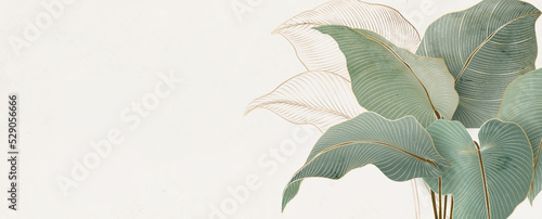 Botanical art background with tropical leaves lined in a watercolor style. Vector banner with exotic plants for wallpaper design, print, decor, textile, invitations, fabric.