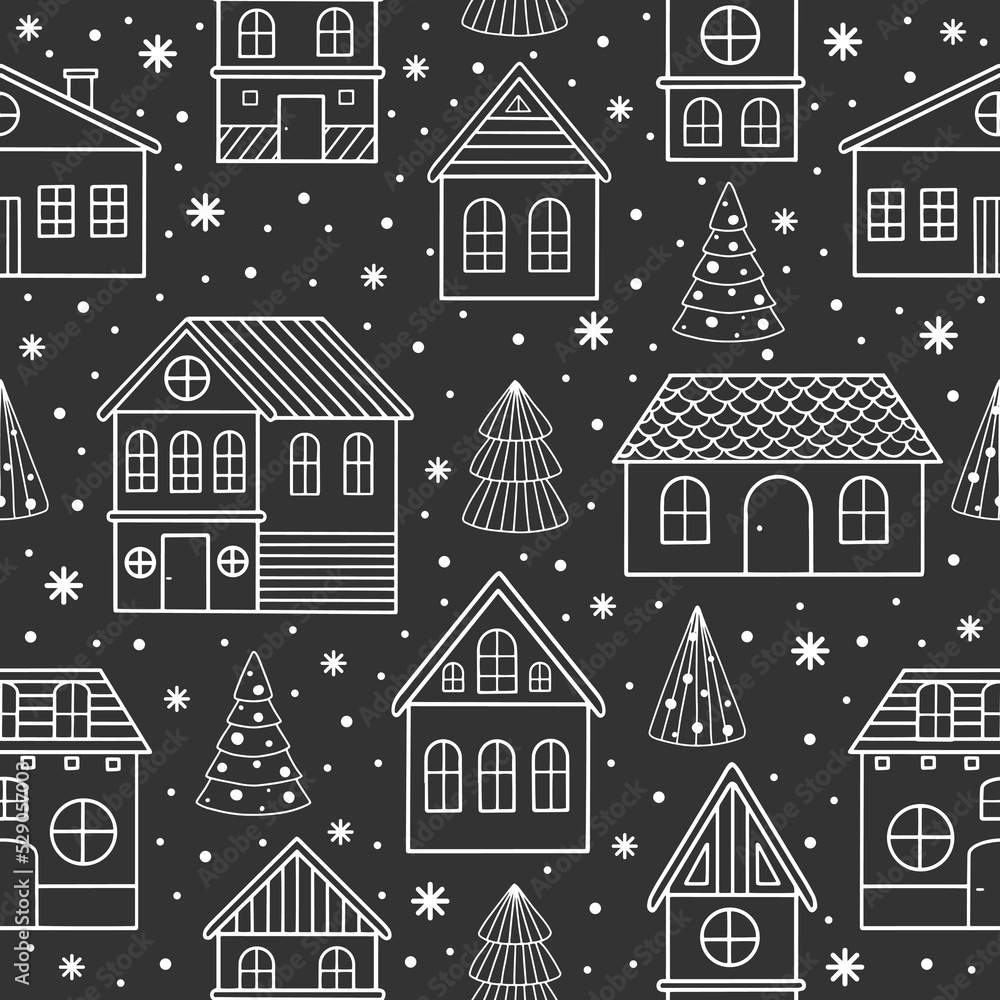 Winter houses for Christmas fabrics and decor. Seamless pattern.