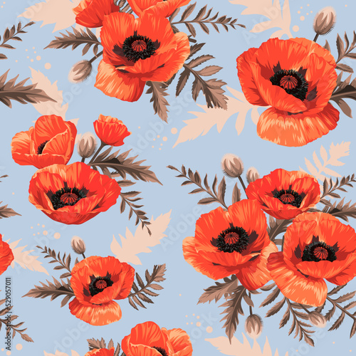 Seamless pattern with red Common Poppy (Papaver rhoeas) flowers isolated on blue background. Spring illustration.