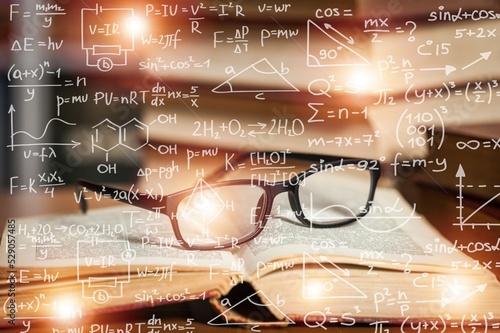 Tapety artystyczne Equations floating in the background, books, representing the learning teaching or scientific notes