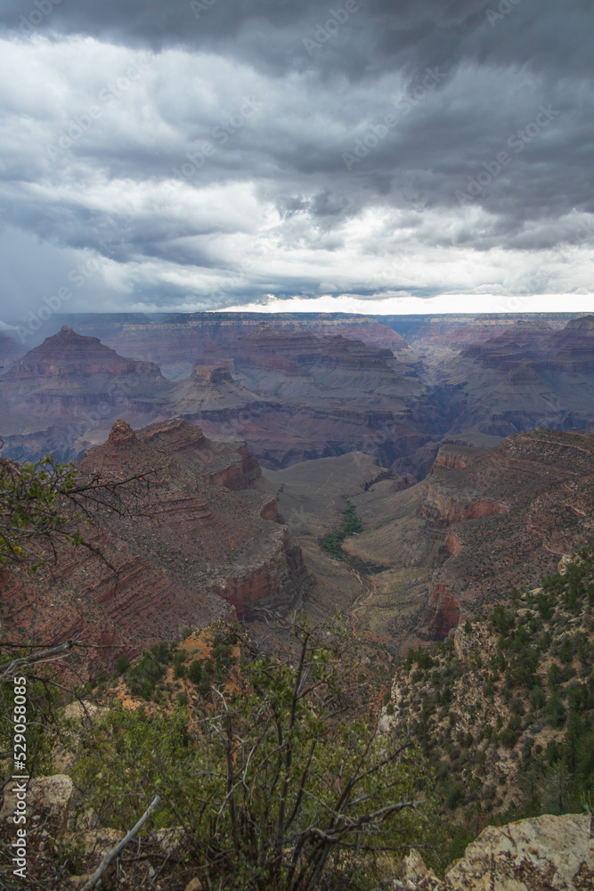 View from the South Rim and storm clouds over the Grand Canyon National Park, Arizona, USA