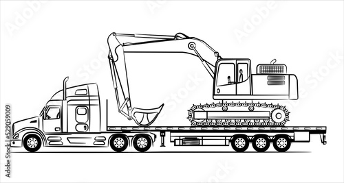 American Flatbed trailer truck abstract silhouette on white background. A hand drawn of a truck car. Trailer with axle extendable trailer rigged. Low Bed Trailer Truck with Excavator photo
