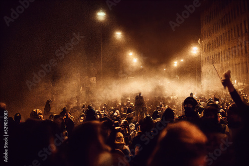 Fotomurale Crowded streets of protestors holding signs Digital Art Style Illustration Paint
