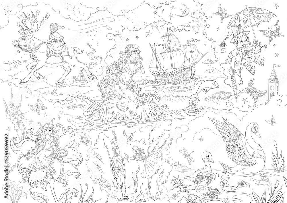 large coloring poster with famous fairytale scenes and characters of Hans Christian Andersen such as little mermaid, Ole Lukoie, Thumbelina, Ugly Duckling, Gerda, Tin Soldier