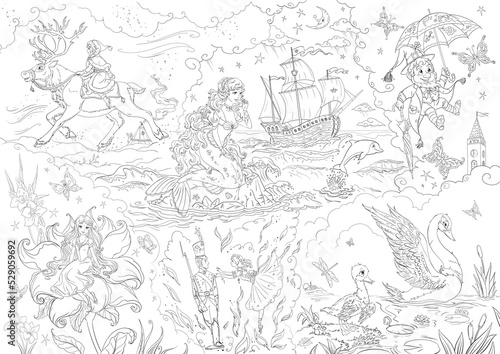 large coloring poster with famous fairytale scenes and characters of Hans Christian Andersen such as little mermaid, Ole Lukoie, Thumbelina, Ugly Duckling, Gerda, Tin Soldier photo