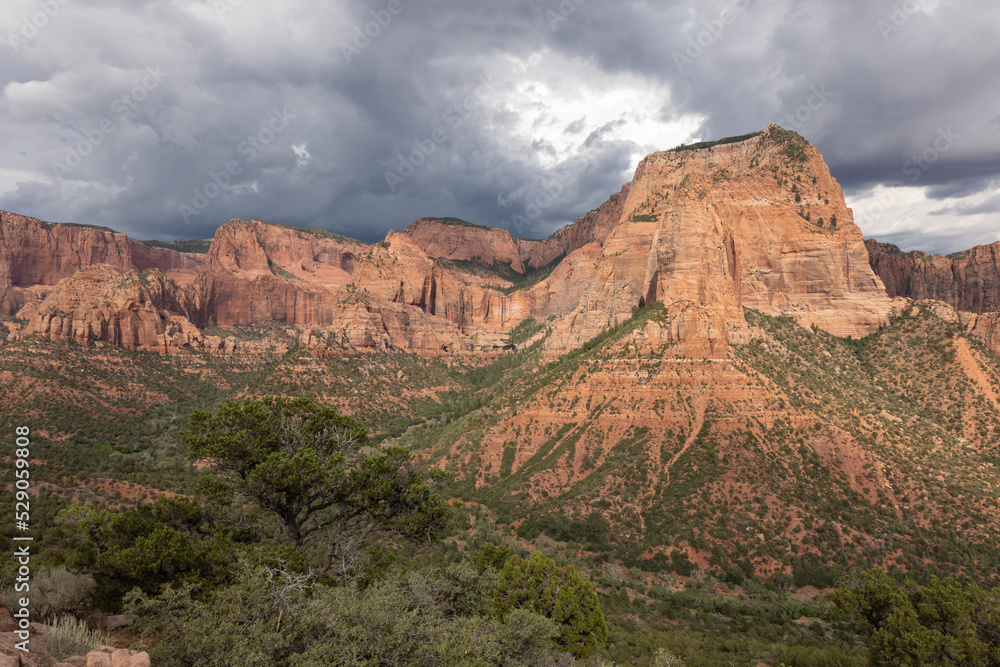 Shuntavi Butte and Timber Top Mountain catch the late afternoon light before the gathering storm clouds shut it out on a summer day in the Kolob canyon part of Zion Nat. park Utah. 