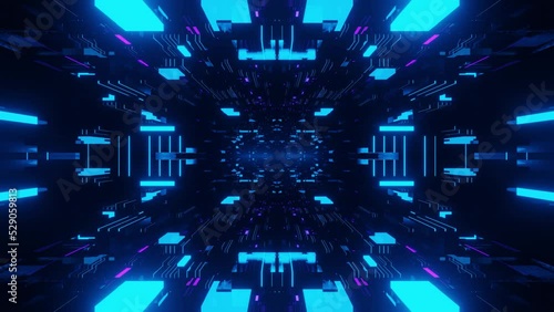 Fly through symmetrical technology cyberspace with neon glow. Sci-fi flight through hi-tech technology tunnel. Neon light. 3d looped 4k bg. sci-fi constructions, mysterious 3d objects photo