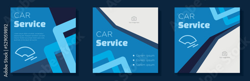 Car service social media post, banner set, vehicle repair service advertisement concept, automotive business marketing square ad template, blue color abstract print, isolated on background