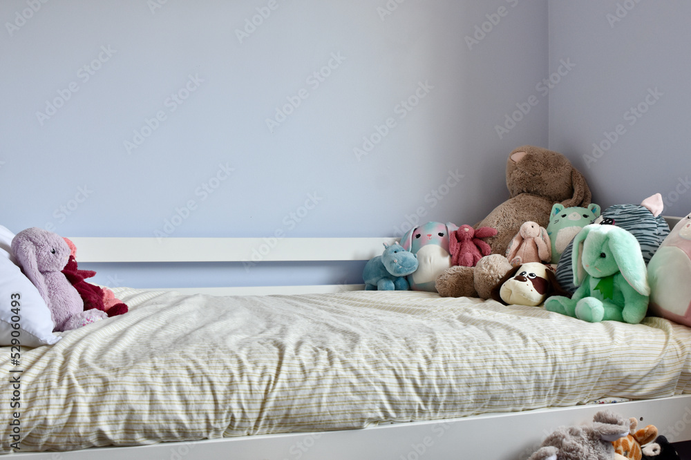 Simple, pretty girls bedroom with cute cuddly stuffies and easy storage ...