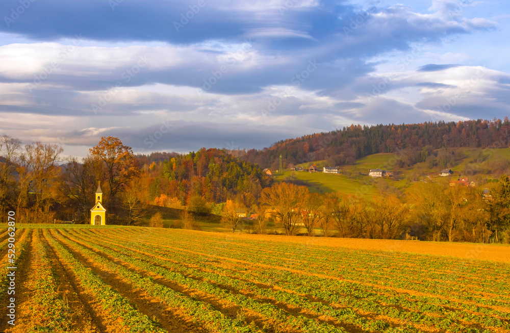 Agricultural fields and yellow little chapel in the charming town of Rein (famous for the beautiful Rein Abbey) near Graz, Steiermark, Austria