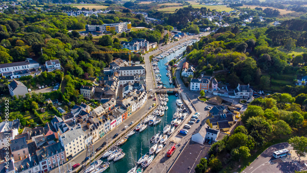 Aerial view of the marina of Le Palais on Belle-Île-en-Mer, the largest island of Brittany in Morbihan, France - Small island town in the Atlantic Ocean