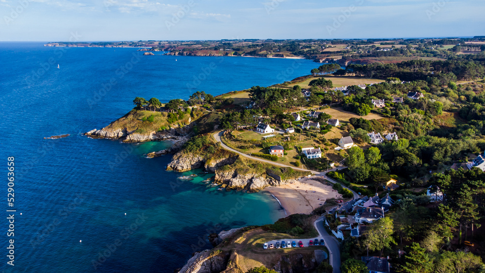 Aerial view of the coast east of Le Palais on Belle-Île-en-Mer, the largest island of Brittany in Morbihan, France - Ramonette beach surrounded by cliffs in the Atlantic Ocean