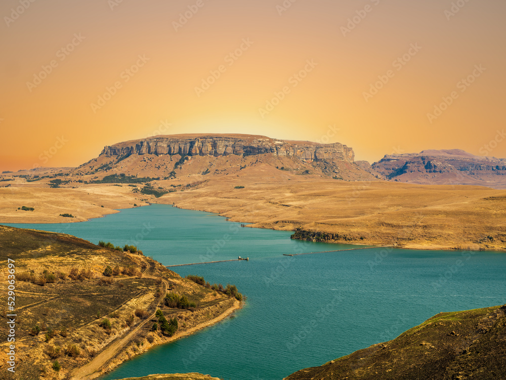 Beautiful mountain and dam during summer in Drakensberg, South Africa