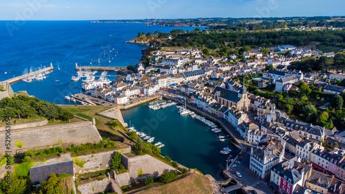 Aerial view of the marina of Le Palais on Belle-Île-en-Mer, the largest island of Brittany in Morbihan, France - Small island town in the Atlantic Ocean