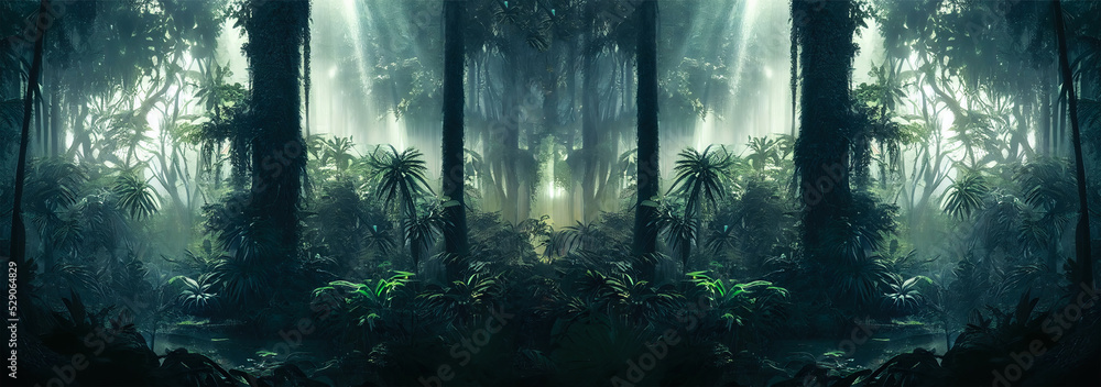 Obraz premium Dark rainforest, sun rays through the trees, rich jungle greenery. Atmospheric fantasy forest. 3D illustration.