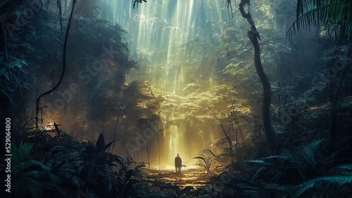 Dark rainforest, sun rays through the trees, rich jungle greenery. Atmospheric fantasy forest. 3D illustration.