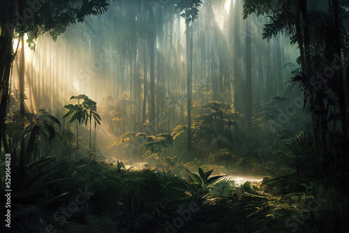 Washable wallpaper murals Dark rainforest, sun rays through the trees, rich  jungle greenery. Atmospheric fantasy forest. 3D illustration. -  