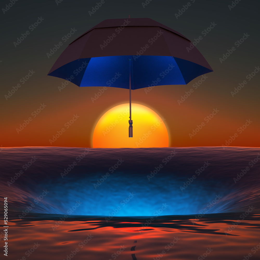 black umbrella over a fantastic seascape at sunset