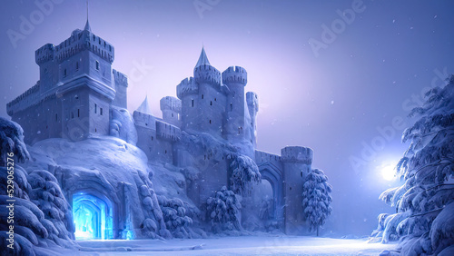 Ancient stone winter castle. Fantasy snowy landscape with a castle. Magical luminous passage, crystal portal. Winter castle on the mountain, winter forest. 3D illustration © MiaStendal
