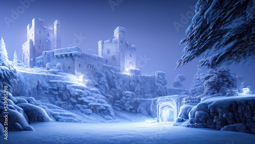 Ancient stone winter castle. Fantasy snowy landscape with a castle. Magical luminous passage, crystal portal. Winter castle on the mountain, winter forest. 3D illustration © MiaStendal