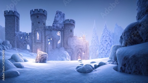 Ancient stone winter castle. Fantasy snowy landscape with a castle. Magical luminous passage, crystal portal. Winter castle on the mountain, winter forest. 3D illustration photo