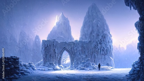 Ancient stone winter castle. Fantasy snowy landscape with a castle. Magical luminous passage  crystal portal. Winter castle on the mountain  winter forest. 3D illustration