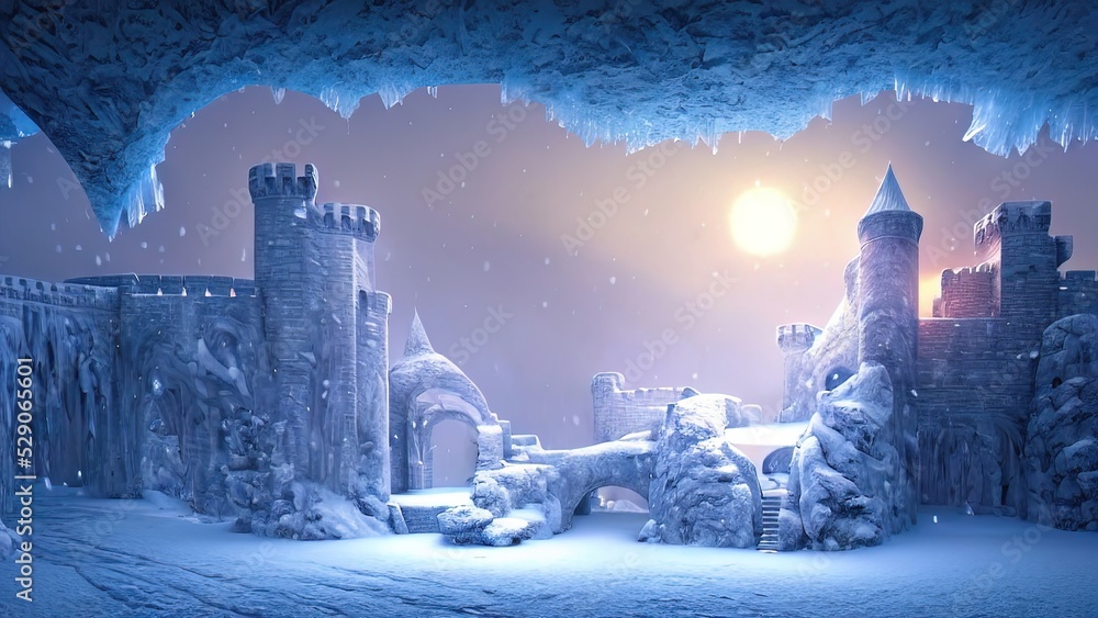 Fototapeta premium Ancient stone winter castle. Fantasy snowy landscape with a castle. Magical luminous passage, crystal portal. Winter castle on the mountain, winter forest. 3D illustration