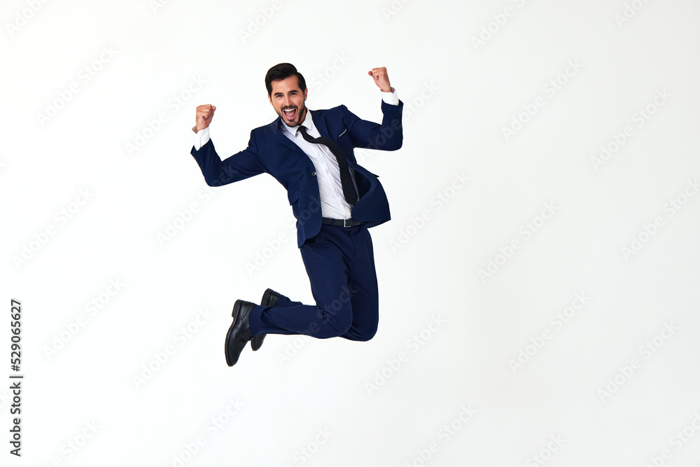 Man business smile with teeth in costume running and jumping flying up open mouth happiness and surprise full-length on white isolated background copy space 