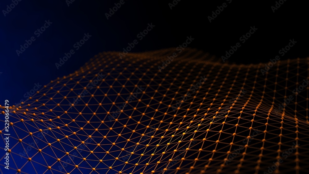 Fototapeta premium Yellow atom structure on black-white background under spot light environment. Concept 3D CG of biological science, network technology and human strategy.