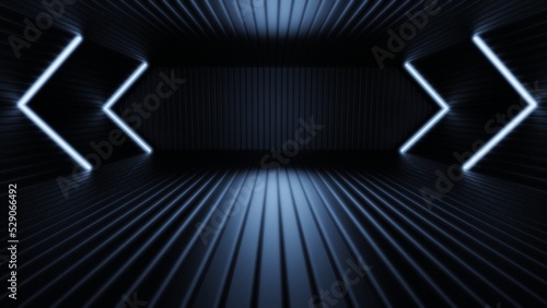 Blue-white neon laser led lights on Sci-Fi futuristic modern spaceship in dark tunnel. Black corridor hangar garage metal glossy with showroom empty stage. Concept 3D CG of fantastic world. © DRN Studio