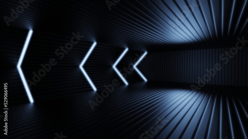 Blue-white neon laser led lights on Sci-Fi futuristic modern spaceship in dark tunnel. Black corridor hangar garage metal glossy with showroom empty stage. Concept 3D CG of fantastic world.