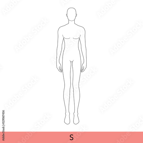 S size Men Fashion template 9 nine head small size Croquis Gentlemen model skinny body figure front view. Vector outline sketch isolated boy for Fashion Design, Illustration, technical drawing