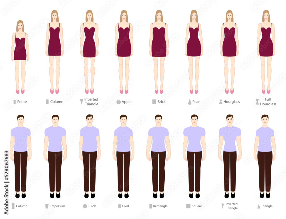 Set of Women Men body shapes types: apple, pear, triangle, column, circle, oval, square, brick, hourglass, round, inverted triangle. Male and Female Vector illustration in cartoon style 9 head size