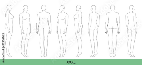 Set of XXXL Women Fashion template 9 nine head size Croquis over size Lady model Curvy body figure front, side, 3-4, back view. Vector outline girl for Fashion Design, Illustration, technical drawing