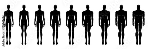 Set of Silhouette Men Fashion template 9 nine head size Croquis over plus size Gentlemen model skinny Curvy body figure. Vector outline boy for Fashion Design, Illustration, technical drawing