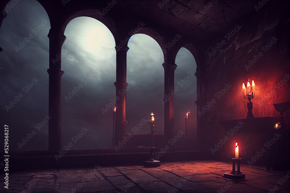 Spooky Dracula castle, Painting of haunted mansion Stock Illustration