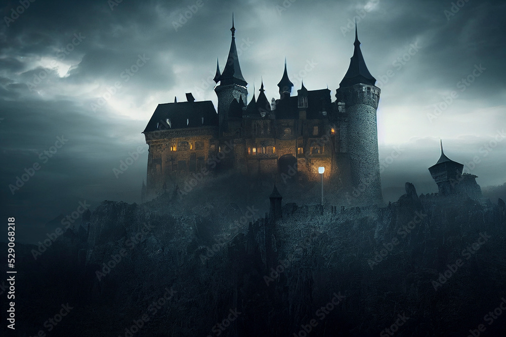 Spooky Dracula castle, Painting of haunted mansion