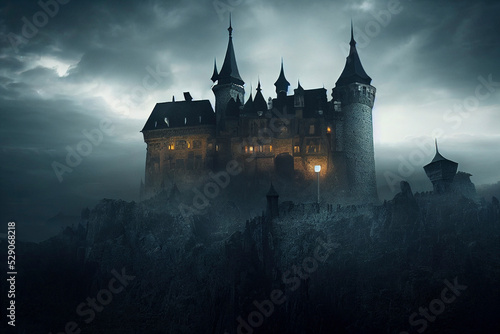 Fotografie, Obraz Spooky Dracula castle, Painting of haunted mansion