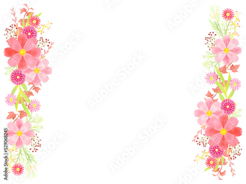 コスモスと秋の草花、イラストフレーム、水彩風