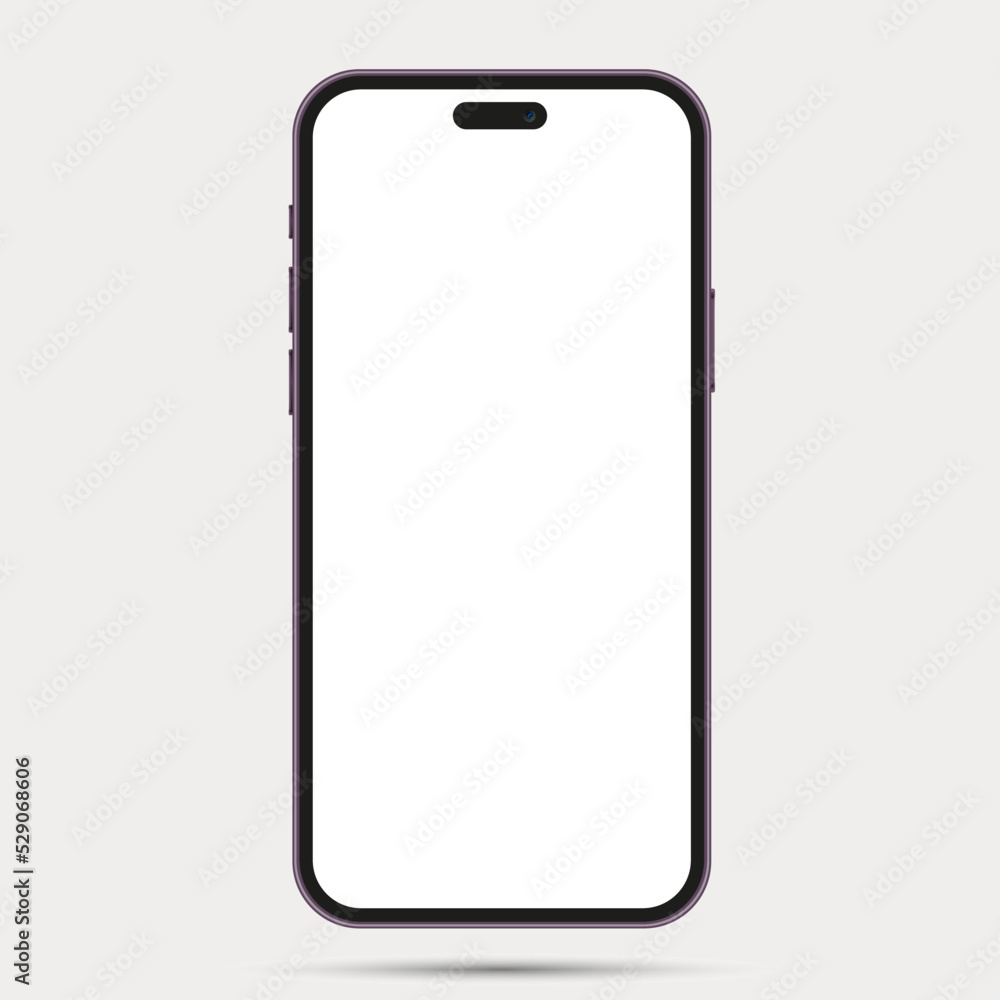 Realistic front view smartphone mockup. Mobile phone purple frame with blank white display isolated on background. Vector device template Realistic front view smartphone mockup. Mobile phone purple frame with blank white display isolated on background. Vector device template