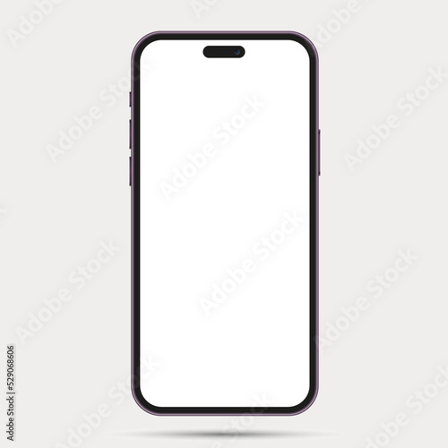 Realistic front view smartphone mockup. Mobile phone purple frame with blank white display isolated on background. Vector device template