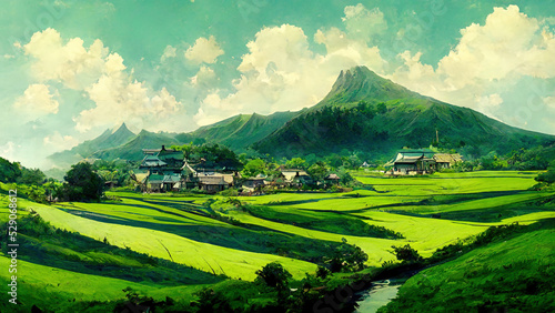 Beautiful Rural Village Mountain, Nature Anime style Landscape, everywhere is green photo