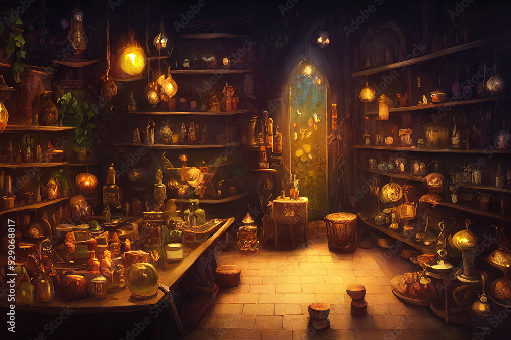beautiful fairy merchant, potion shop background. High quality illustration