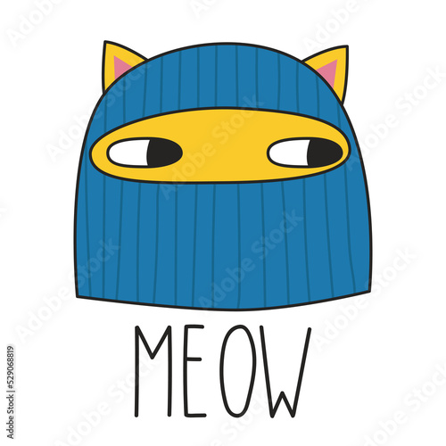 Cute cat in a balaclava and lettering MEOW. Doodle style. Vector illustration