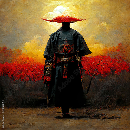 Japanese samurai standing in front of red sun, ultra realistic, painting. High quality illustration