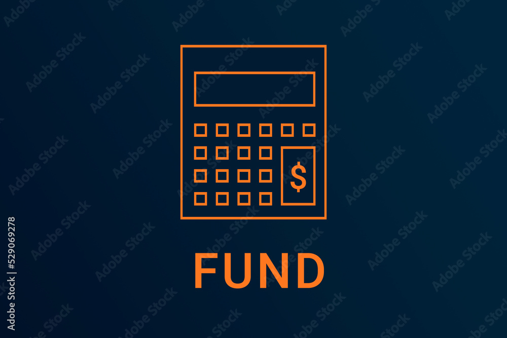 fund text. Calculator symbolizes economy. fund logo on dark background. Illustration fund . Financial screensaver. Minimalist orange calculator fund text. Calculator symbolizes economy. fund logo on dark background. Illustration fund . Financial screensaver. Minimalist orange calculator