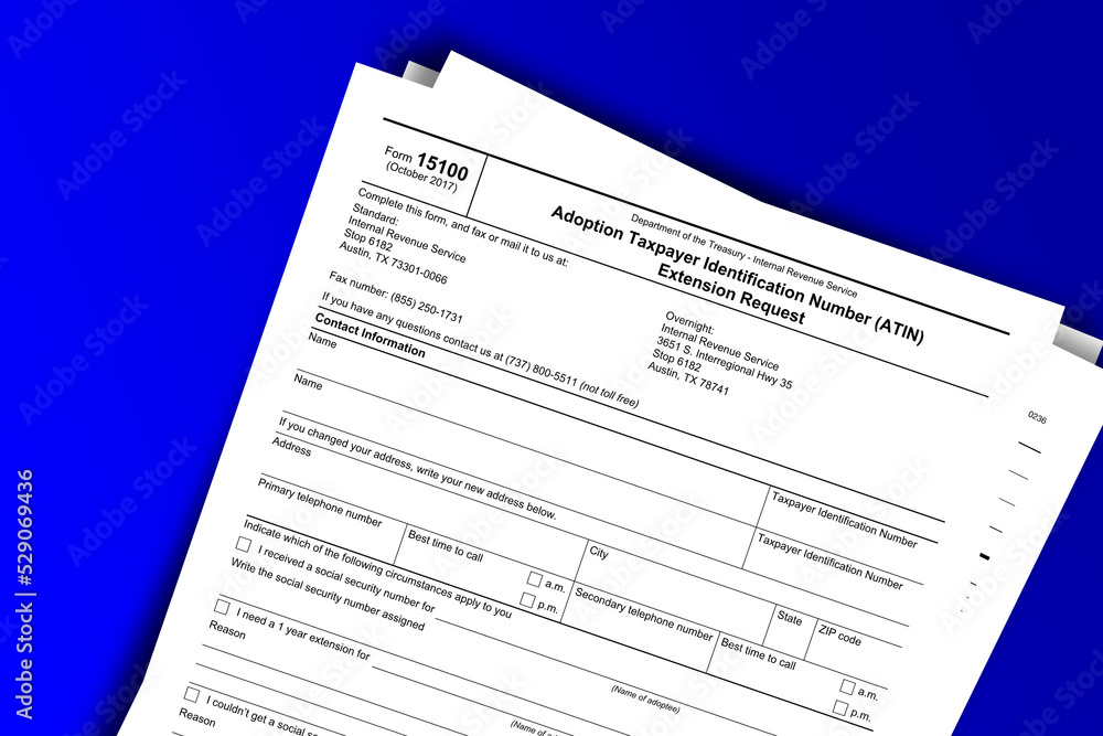 Form 15100 documentation published IRS USA 10.25.2017. American tax document on colored Form 15100 documentation published IRS USA 10.25.2017. American tax document on colored