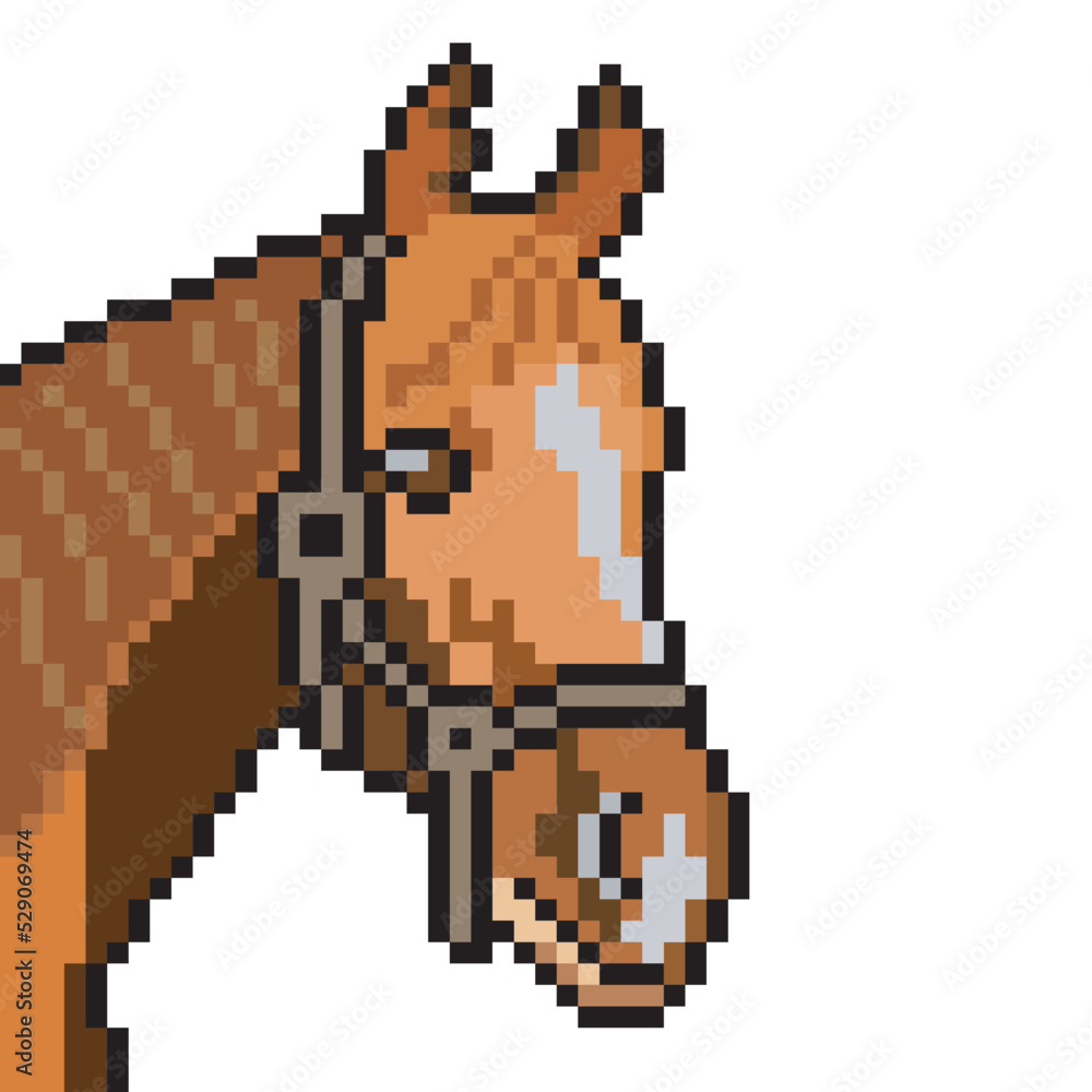 Horse head with pixel art on white background.