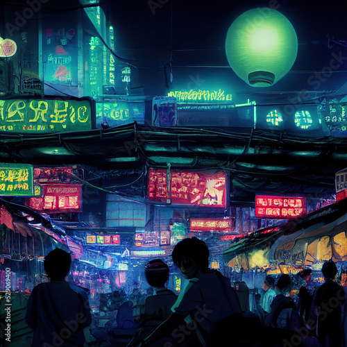 Night market in cyberpunk city, glowing neon lights. High quality illustration