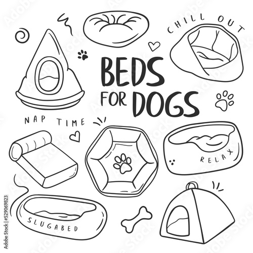 Set of dog beds, doodle style, hand drawn vector illustration, for coloring.